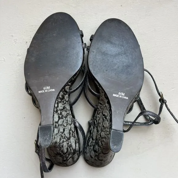 Linea Paolo Bronze Dark Gray Leather  Straps &amp; Velvet Wedge Heel Sandals US 6.5