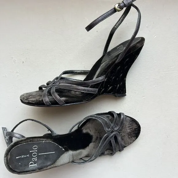 Linea Paolo Bronze Dark Gray Leather  Straps &amp; Velvet Wedge Heel Sandals US 6.5