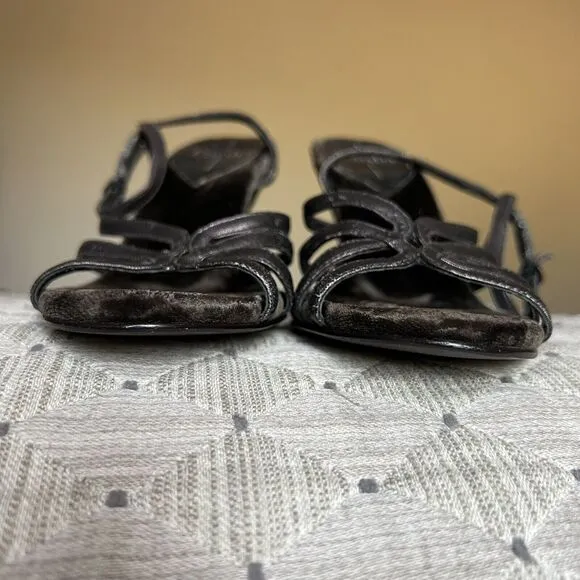 Linea Paolo Bronze Dark Gray Leather  Straps &amp; Velvet Wedge Heel Sandals US 6.5