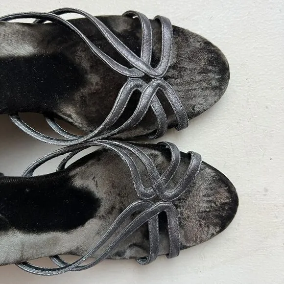 Linea Paolo Bronze Dark Gray Leather  Straps &amp; Velvet Wedge Heel Sandals US 6.5