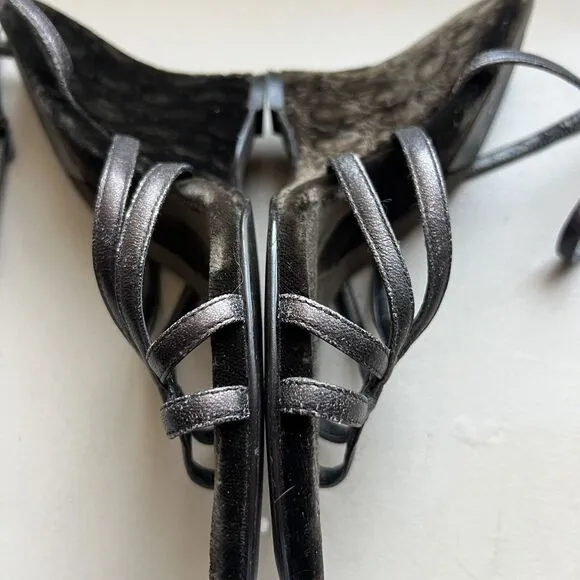 Linea Paolo Bronze Dark Gray Leather  Straps &amp; Velvet Wedge Heel Sandals US 6.5
