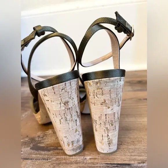 LK Bennett Annabella cork heeled sandals green satin wedding summer platform 39
