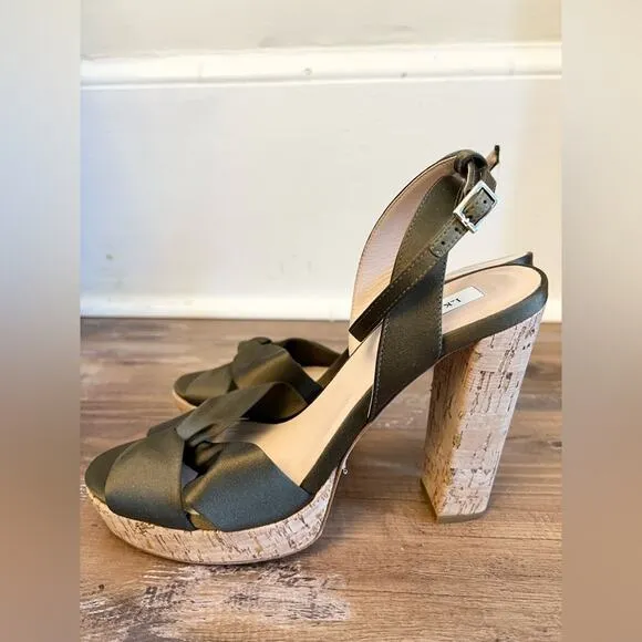 LK Bennett Annabella cork heeled sandals green satin wedding summer platform 39