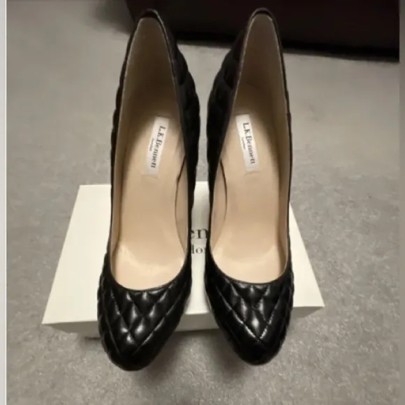LK Bennett Sledge Black Quilted Nappa Heels Platform Court Shoes Size EU38.5/US8