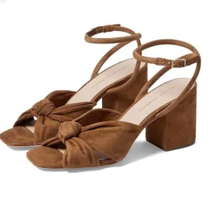 Loeffler Randall Fiamma Knot Mid Heels Sandals Leather Suede NEW Womens 7.5