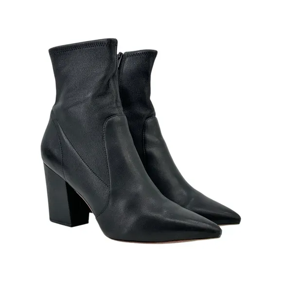 Loeffler Randall Isla Black Pointed Toe Block Heel Leather Ankle Boots Booties
