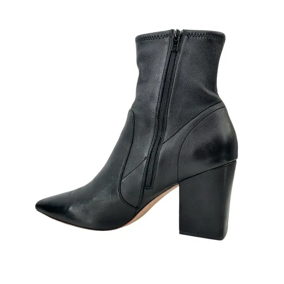 Loeffler Randall Isla Black Pointed Toe Block Heel Leather Ankle Boots Booties