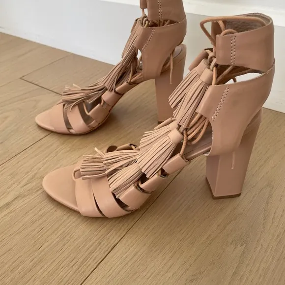 Loeffler Randall Luz Tassel Lace Up Leather Sandals in Beige
