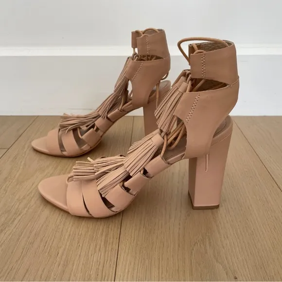 Loeffler Randall Luz Tassel Lace Up Leather Sandals in Beige