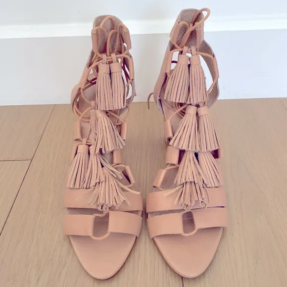 Loeffler Randall Luz Tassel Lace Up Leather Sandals in Beige