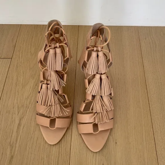 Loeffler Randall Luz Tassel Lace Up Leather Sandals in Beige