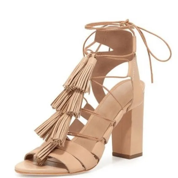 Loeffler Randall Luz Tassel Lace Up Leather Sandals in Beige