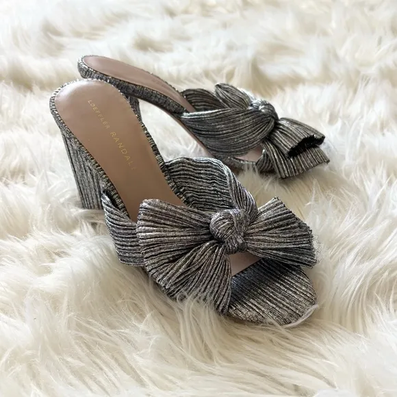 Loeffler Randall NEW Penny Knot Mule High Heel Pleated Metallic Dark Silver 8