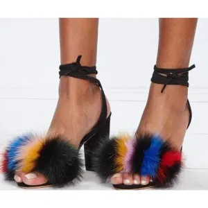 LOEFFLER RANDALL Nicolette Colorful Fox Fur Lace-Up Pumps High Heel Sandals Sz 6