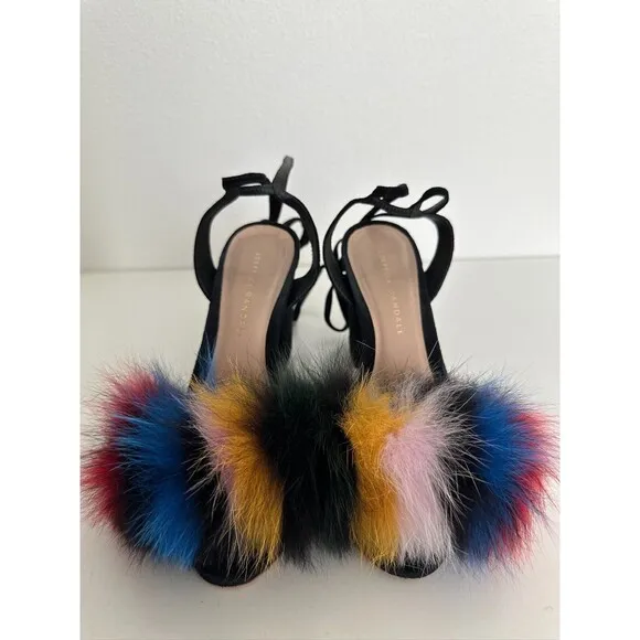 LOEFFLER RANDALL Nicolette Colorful Fox Fur Lace-Up Pumps High Heel Sandals Sz 6