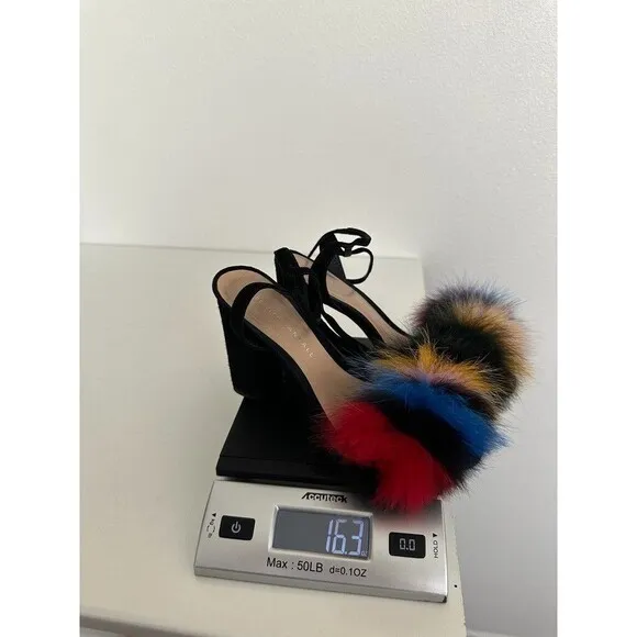 LOEFFLER RANDALL Nicolette Colorful Fox Fur Lace-Up Pumps High Heel Sandals Sz 6