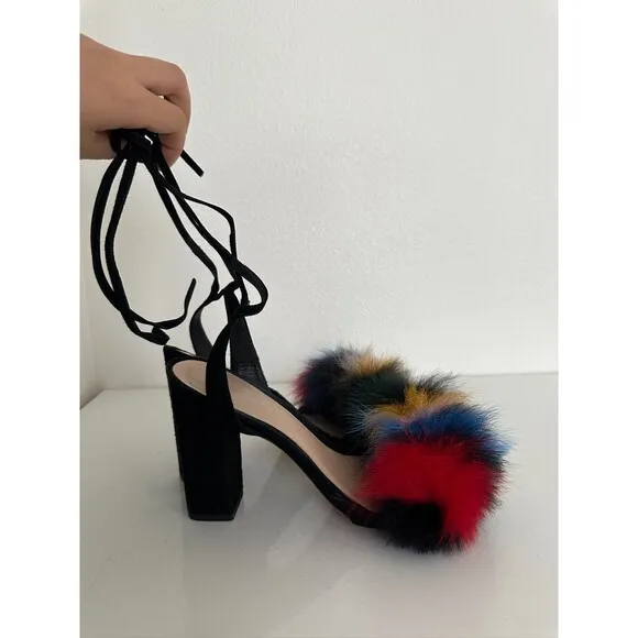 LOEFFLER RANDALL Nicolette Colorful Fox Fur Lace-Up Pumps High Heel Sandals Sz 6