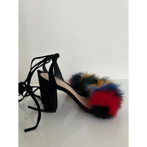 LOEFFLER RANDALL Nicolette Colorful Fox Fur Lace-Up Pumps High Heel Sandals Sz 6