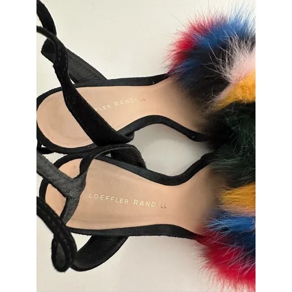 LOEFFLER RANDALL Nicolette Colorful Fox Fur Lace-Up Pumps High Heel Sandals Sz 6