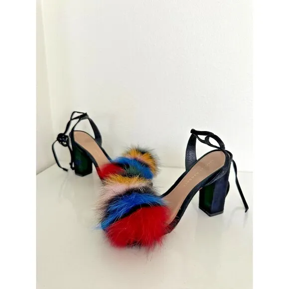LOEFFLER RANDALL Nicolette Colorful Fox Fur Lace-Up Pumps High Heel Sandals Sz 6