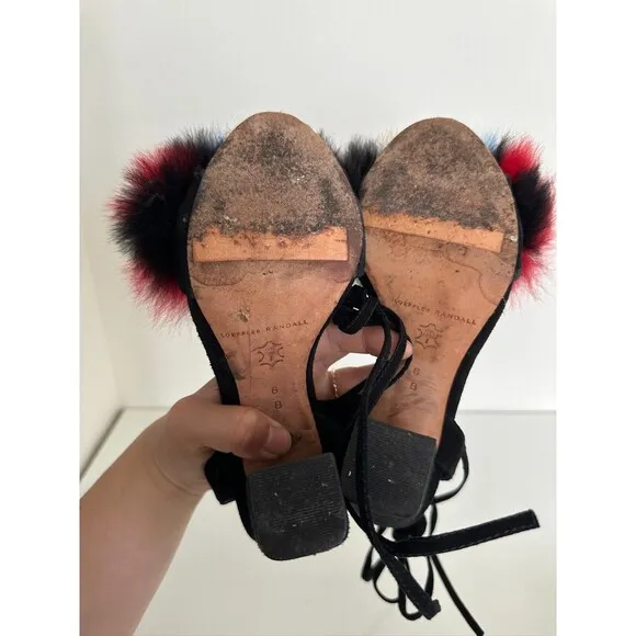 LOEFFLER RANDALL Nicolette Colorful Fox Fur Lace-Up Pumps High Heel Sandals Sz 6