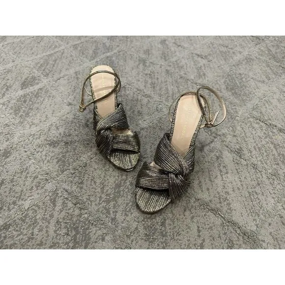 Loeffler Randall Reed Pleated Twist Block Heel Sandals Dark Gold Lame US 7 NWOB