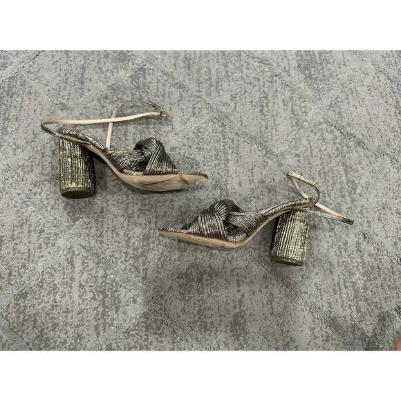 Loeffler Randall Reed Pleated Twist Block Heel Sandals Dark Gold Lame US 7 NWOB