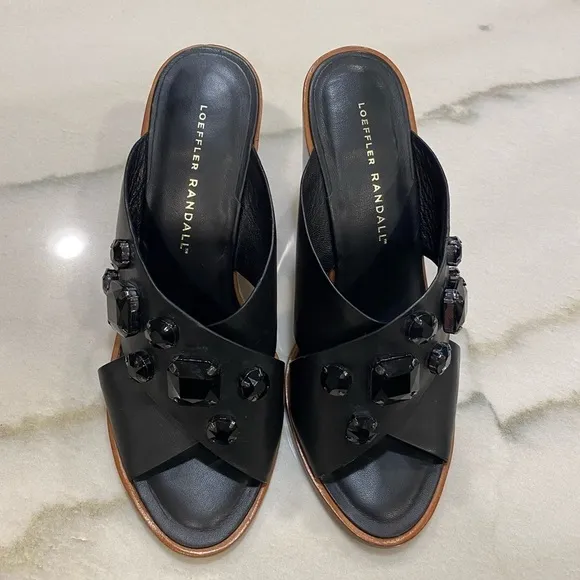 Loeffler Randall Sandals size 8 Black Jeweled Block Heel