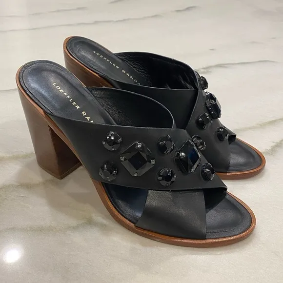 Loeffler Randall Sandals size 8 Black Jeweled Block Heel