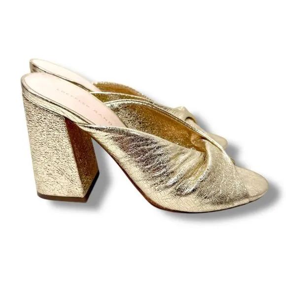 Loeffler Randall Women's Laurel Leather Flared Block Heel Gold Slide Sandals 6.5