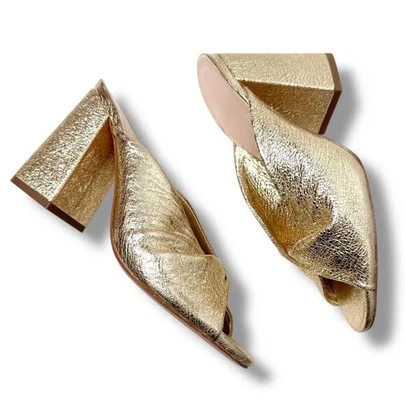 Loeffler Randall Women's Laurel Leather Flared Block Heel Gold Slide Sandals 6.5