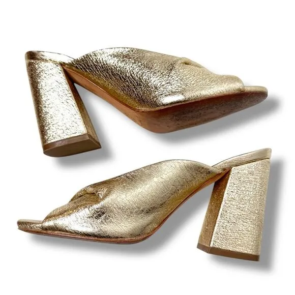 Loeffler Randall Women's Laurel Leather Flared Block Heel Gold Slide Sandals 6.5