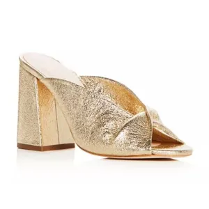 Loeffler Randall Women's Laurel Leather Flared Block Heel Gold Slide Sandals 6.5