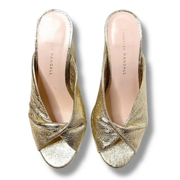 Loeffler Randall Women's Laurel Leather Flared Block Heel Gold Slide Sandals 6.5