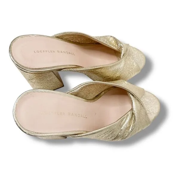 Loeffler Randall Women's Laurel Leather Flared Block Heel Gold Slide Sandals 6.5