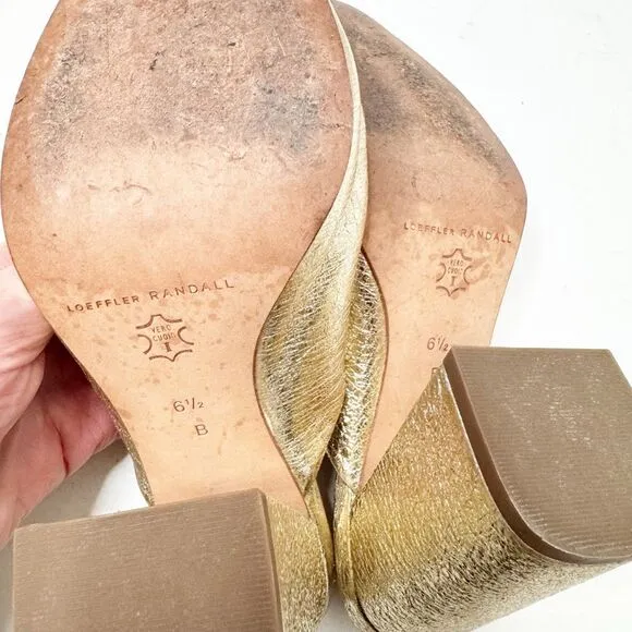 Loeffler Randall Women's Laurel Leather Flared Block Heel Gold Slide Sandals 6.5
