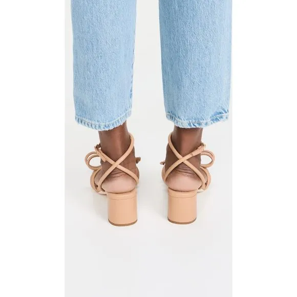 LOEFFLER RANDALL WOMEN'S MIKEL LEATHER BOW MID-HEEL SANDALS, DUNE, TAN, 8 M