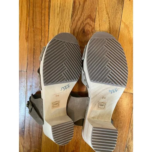Loft criss cross suede leather wooden sandals ankle strap taupe/ brown size 9