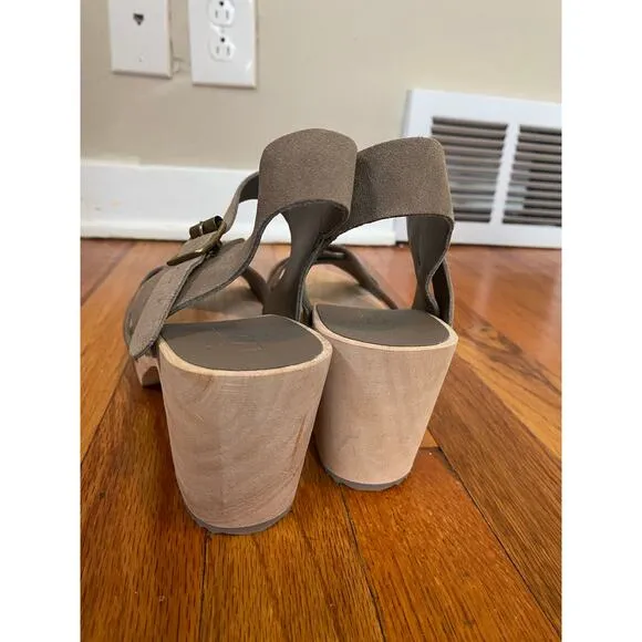 Loft criss cross suede leather wooden sandals ankle strap taupe/ brown size 9