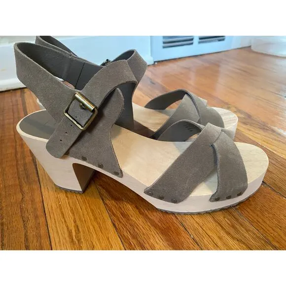 Loft criss cross suede leather wooden sandals ankle strap taupe/ brown size 9
