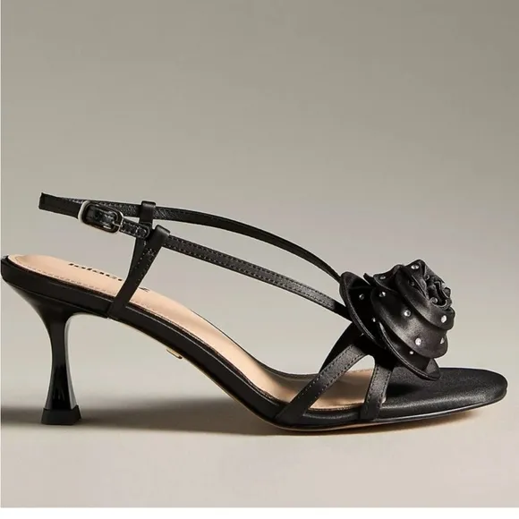 Lola Cruz Black  Kitten Heel Sandals with Floral Embellishment
