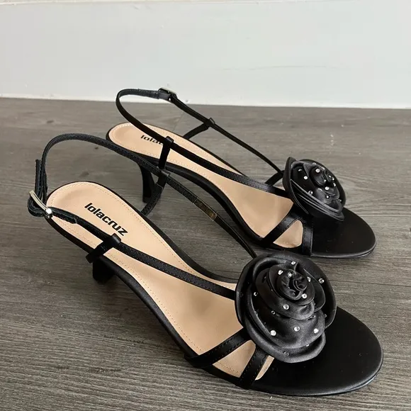 Lola Cruz Black  Kitten Heel Sandals with Floral Embellishment