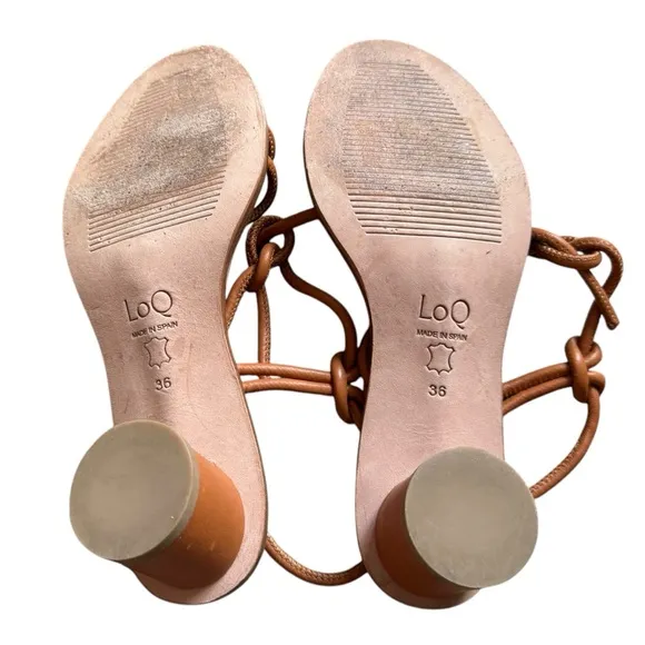 LoQ Xavi Round Block Heel Flan Brown Leather Sandals Womens 6 or 36