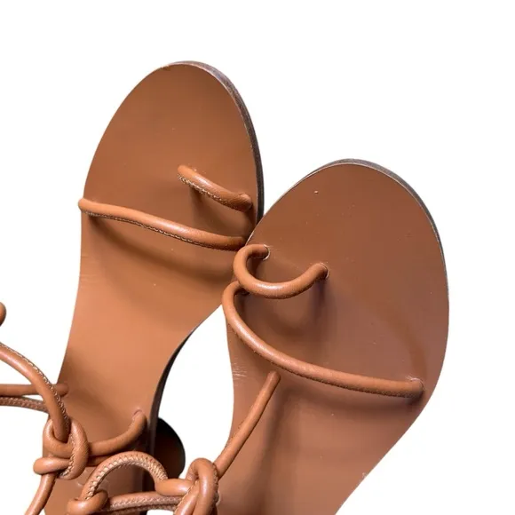 LoQ Xavi Round Block Heel Flan Brown Leather Sandals Womens 6 or 36
