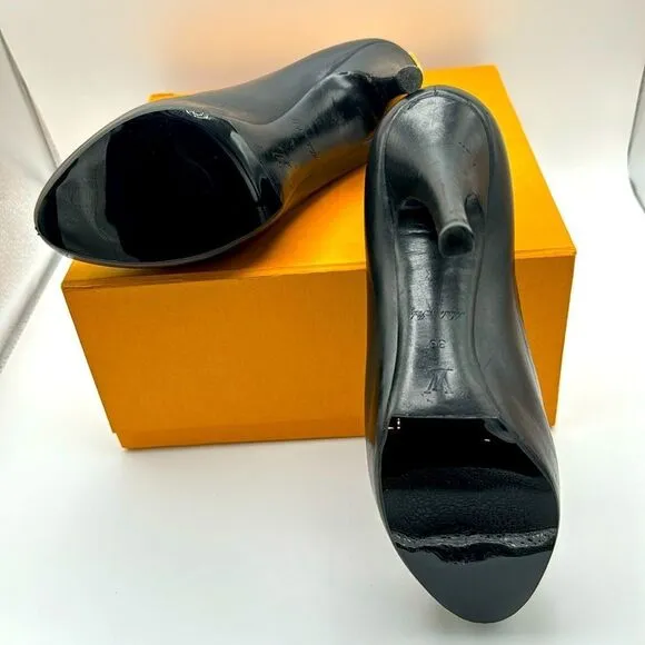 LOUIS VUITTON PATENT GOLD LOCK PLATFORM PEEP TOE PUMPS WITH BOX &amp; DUSTBAG