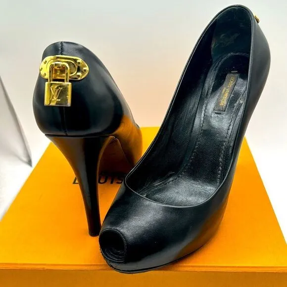 LOUIS VUITTON PATENT GOLD LOCK PLATFORM PEEP TOE PUMPS WITH BOX &amp; DUSTBAG