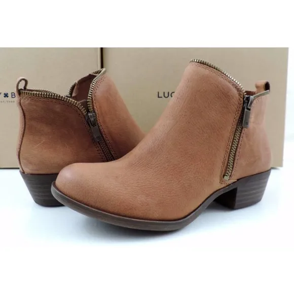 Lucky Brand Bartalino Block Heel Booties Ankle Boots Leather Whisky Size 7.5
