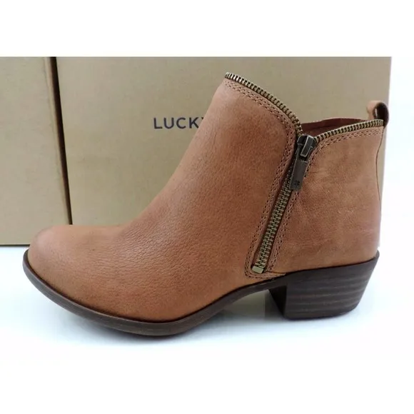 Lucky Brand Bartalino Block Heel Booties Ankle Boots Leather Whisky Size 7.5