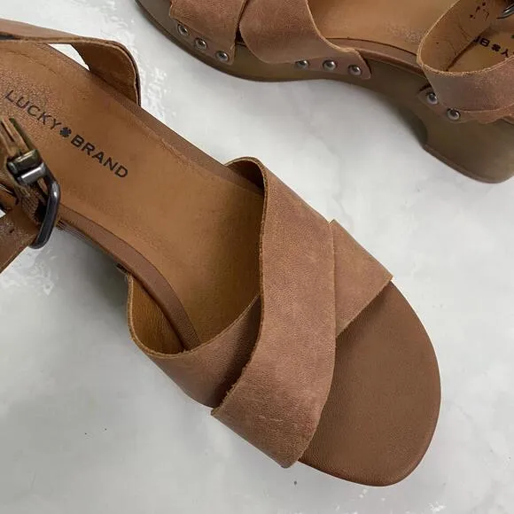 LUCKY BRAND brown leather strappy wooden heel shoes