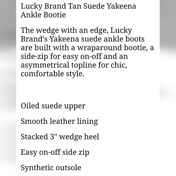 Lucky Brand Shoes Tan Leather Yakeena Side Zip Wedge Booties Shoes Size 8.5 / 39